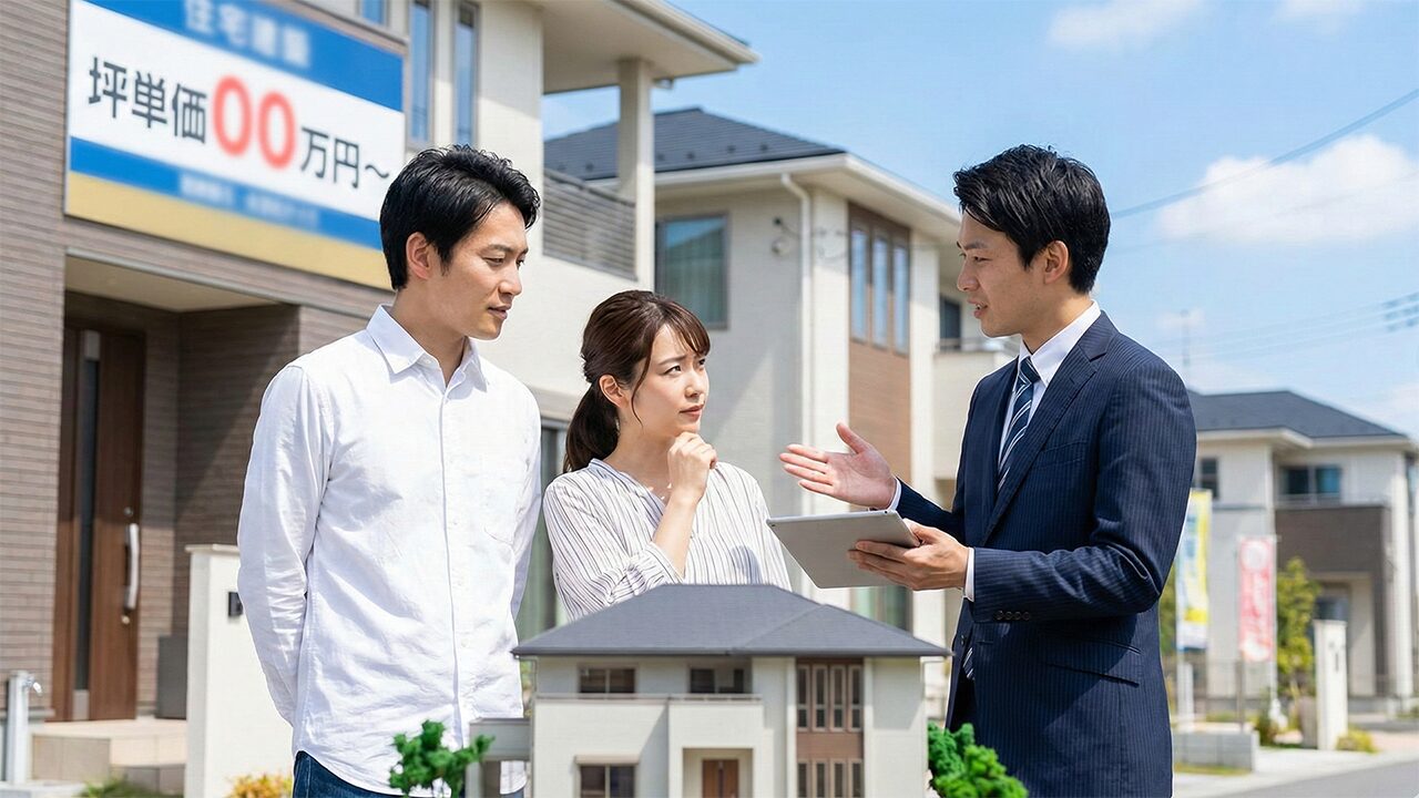 日本の住宅展示場で、熱心に営業担当者の説明を聞く日本人カップルの様子。背景には坪単価の看板が見える。