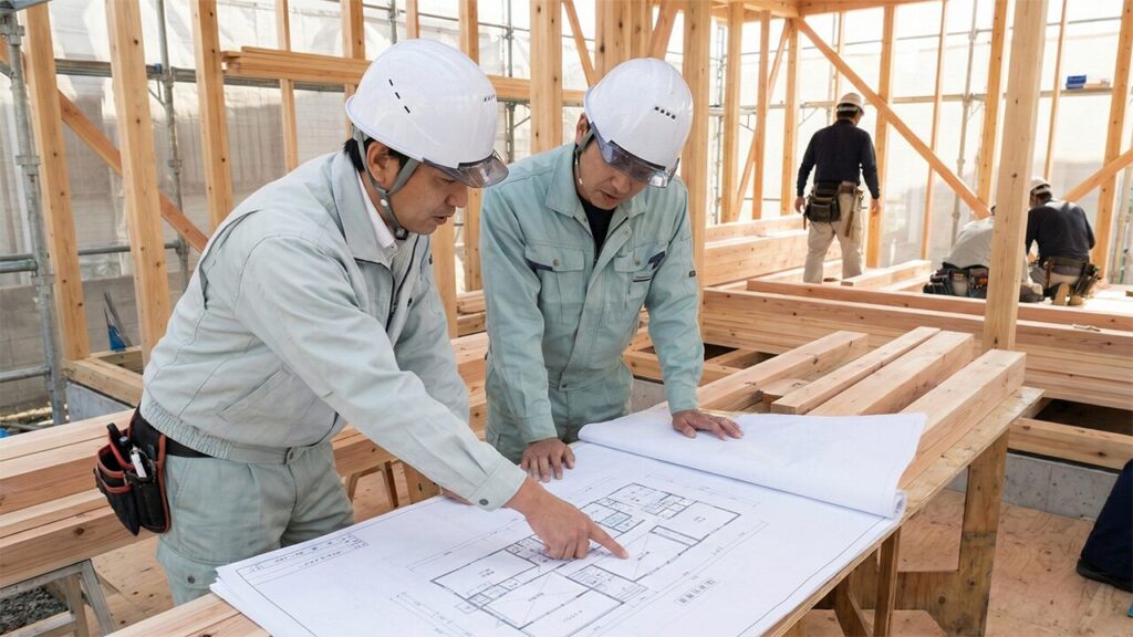 日本の木造住宅の建築現場で、設計図面を見ながら延床面積について話し合う二人の日本人建築関係者。