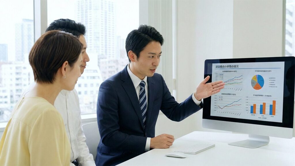 日本の不動産店舗で、パソコン画面のデータを見ながら建築坪単価の相場について説明を受ける日本人夫婦。