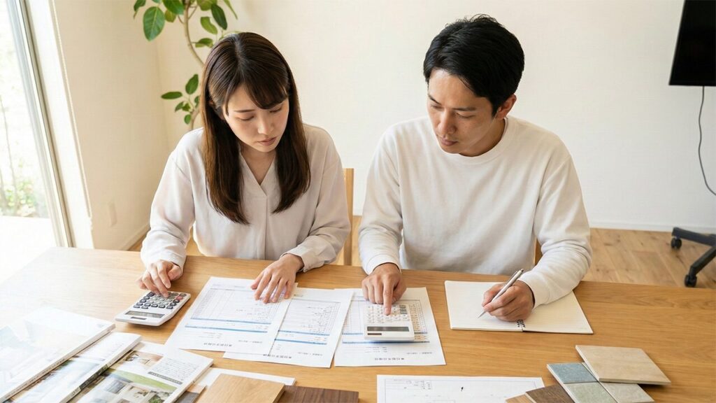 日本の住宅会社の打ち合わせスペースで、複数の見積書や仕様書を真剣に比較検討する日本人夫婦。