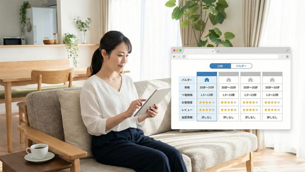日本のモデルハウスのリビングで、タブレット端末を使って注文住宅の情報を比較検討する日本人女性。