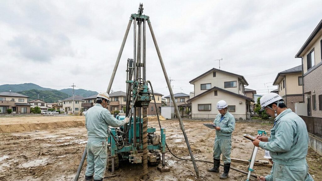 日本の新築住宅建設予定地で、専用の機械を使って地盤調査を行う日本人作業員たちの様子。