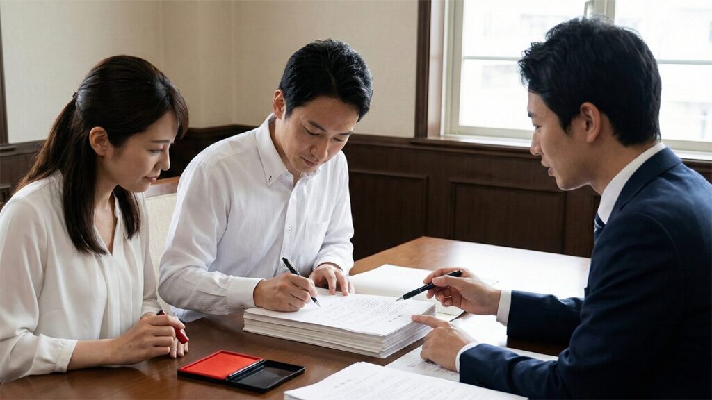 日本の住宅会社の契約室で、営業担当者の説明を受けながら慎重に契約書に署名・捺印する日本人夫婦。