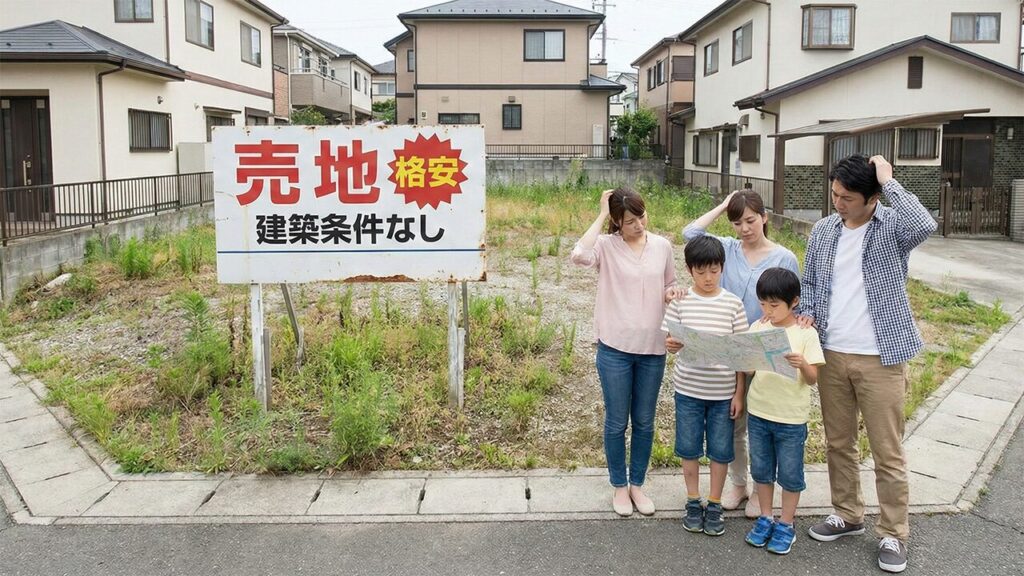  安い土地の売地看板の前で困惑する日本の家族と不整形な土地