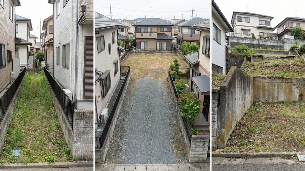 狭小地、旗竿地、傾斜地など、安い理由となる様々な土地の形状