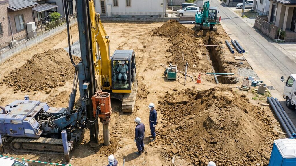 土地購入後に発生した地盤改良工事と水道引き込み工事の様子
