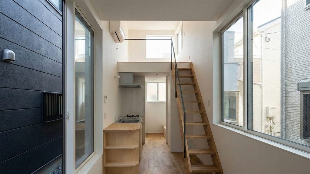 狭小変形地に建てられた、空間の制約が見える日本の住宅内部