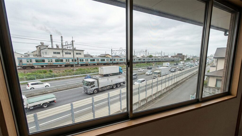 幹線道路、線路、工場が隣接し、騒音や環境ストレスが懸念される住宅からの眺め