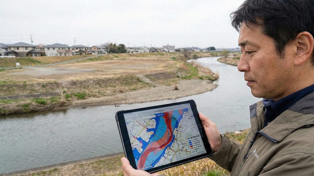タブレットでハザードマップの浸水想定区域を確認する様子と河川敷近くの土地