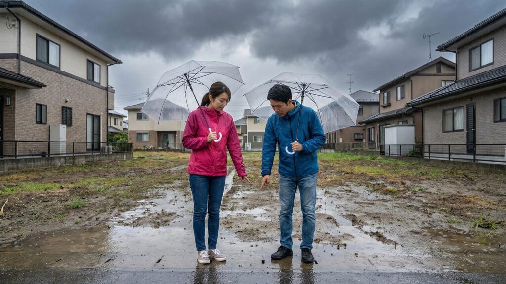 雨の日に土地の現地確認を行い、水はけやぬかるみをチェックする日本の夫婦
