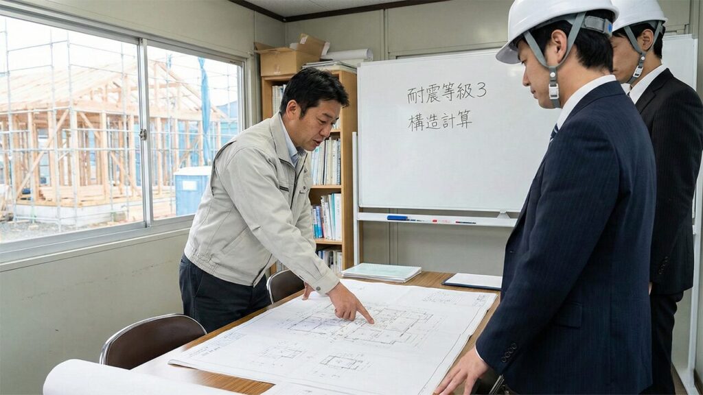 日本の建設現場で、作業員が設計図面を見ながら、耐震補強された木造住宅の基礎工事について真剣に議論している様子。背景にはクレーン車や他の建設作業員が見え、現場の緊張感と専門性が伝わる構図。