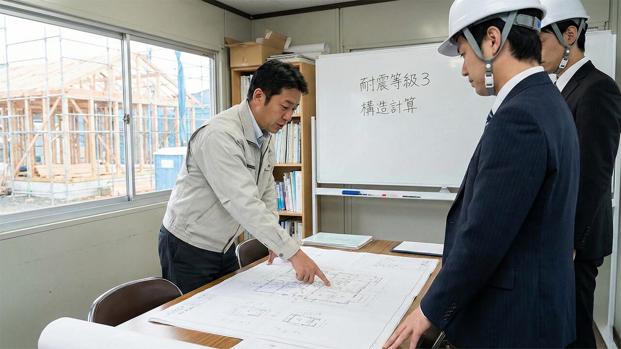 日本の建設現場で、作業員が設計図面を見ながら、耐震補強された木造住宅の基礎工事について真剣に議論している様子。背景にはクレーン車や他の建設作業員が見え、現場の緊張感と専門性が伝わる構図。