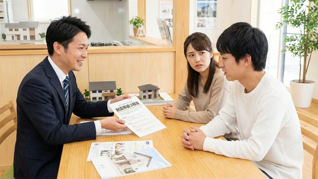 住宅展示場の相談カウンターで、若い夫婦が住宅会社の営業担当者から「耐震等級3相当」と書かれた資料を見せられている場面。営業担当者は笑顔だが、夫婦は少し困惑した表情で顔を見合わせている。テーブルには模型やパンフレットが置かれている。
