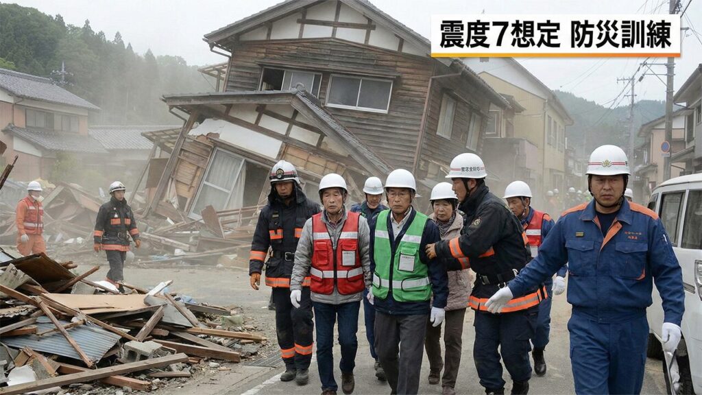 巨大地震の発生を想定した防災訓練で、ヘルメットを着用した地域住民が、倒壊した建物の前で避難誘導を受けている様子。訓練の緊張感と、災害への備えの重要性が伝わるリアルな描写。