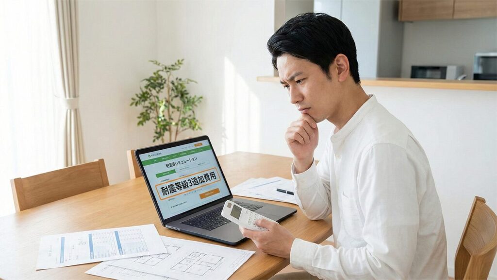 住宅ローンのシミュレーション画面を見ながら、電卓を片手に真剣な表情で資金計画を立てている30代の日本人男性。画面には「耐震等級3追加費用」という項目が表示されており、将来のコストと安心を天秤にかけている様子。