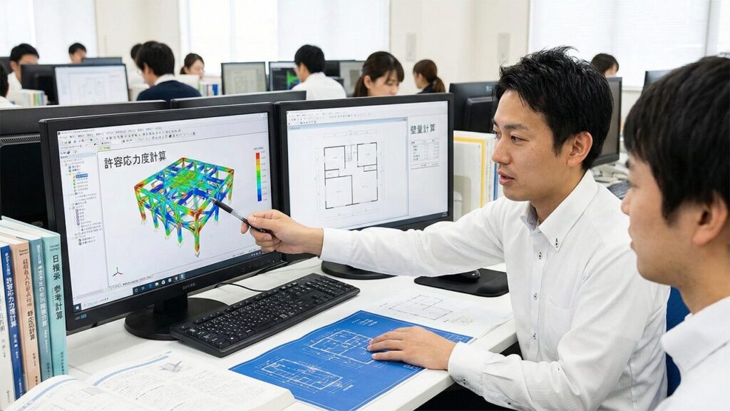 建築設計事務所で、建築士がパソコン画面上の複雑な構造計算ソフトの解析結果を見ながら、別のモニターに表示された簡易な壁量計算の図面と比較検討している様子。専門的な知識と緻密な作業が求められるプロの現場風景。