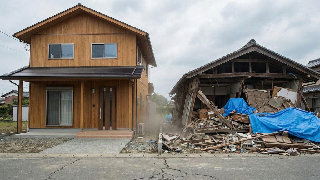 熊本地震後の被災地で、倒壊せずに残った耐震等級3の新しい住宅と、その隣で倒壊した古い住宅が対照的に並んでいる様子。地震の爪痕と、耐震性能の違いが視覚的に明確に伝わる記録写真のような構図。