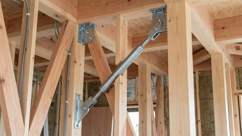 木造住宅の建築現場で、壁の内部に設置された最新の制震ダンパーがクローズアップされている様子。ダンパーのメカニカルな構造と、それが建物の一部として機能する様子が分かりやすく描写されている。